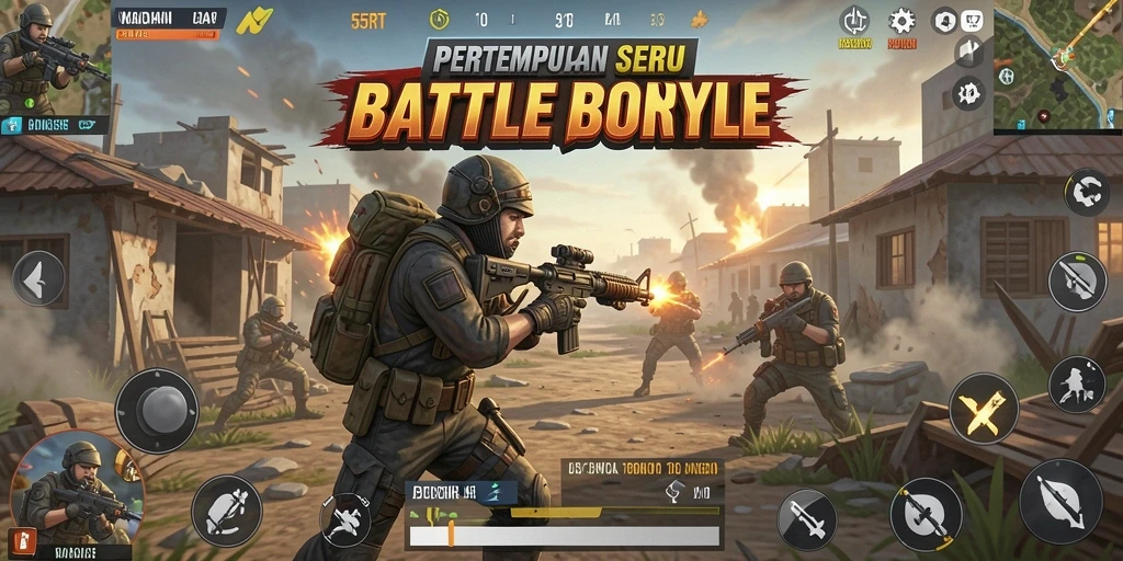 Screenshot gameplay 55RT menampilkan pertempuran epik di arena Battle Royale.