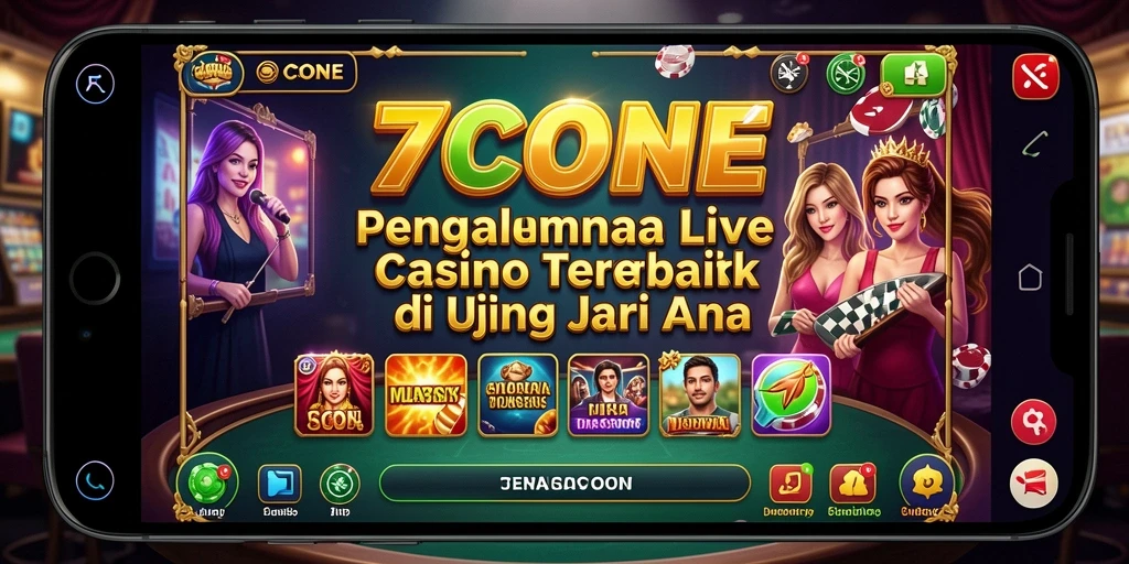 Screenshot gameplay <strong>7CONE</strong> yang menampilkan dealer langsung dan suasana kasino.