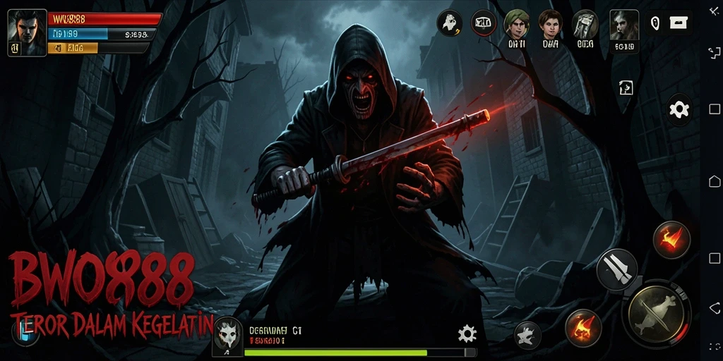 Screenshot BWO888 menampilkan suasana menakutkan dengan monster yang mengintai.