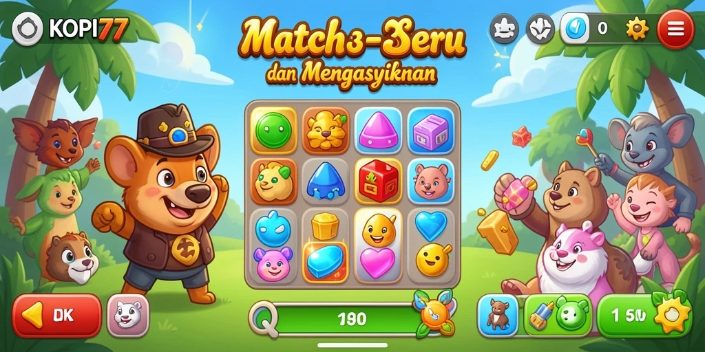 Tampilan gameplay KOPI77 dengan tantangan Match-3 yang seru.