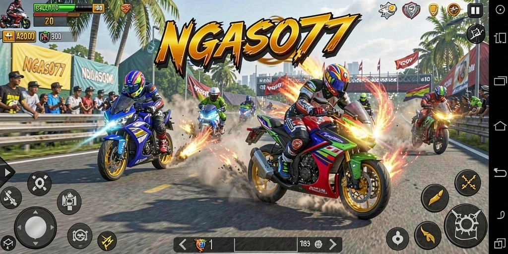 Tampilan mendebarkan gameplay balapan motor di NGASO77.