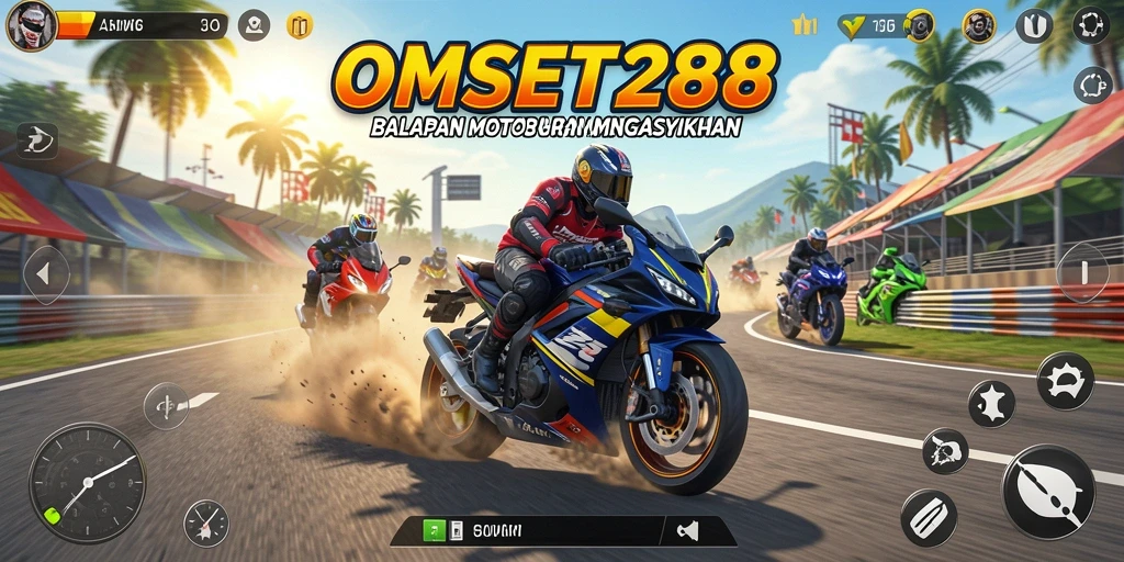 Screenshot gameplay OMSET288 yang menampilkan balapan motor yang mendebarkan.