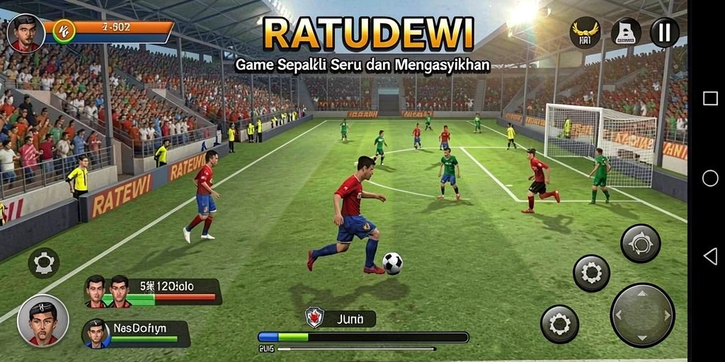 Tampilan gameplay mendebarkan dari RATUDEWI yang menggambarkan aksi sepak bola.