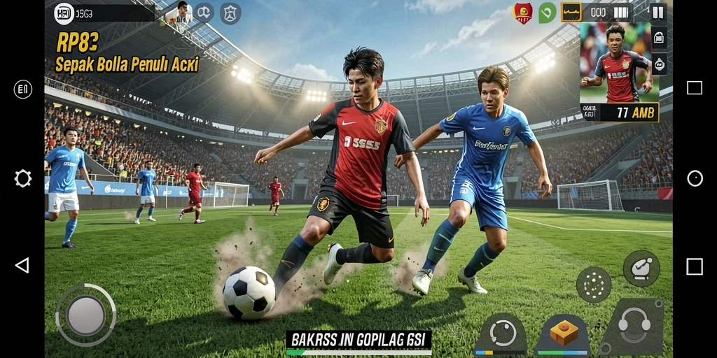 Screenshot utama RP8 menampilkan gameplay sepak bola yang seru.